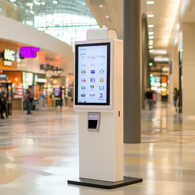 Digital kiosk in shopping mall lobby