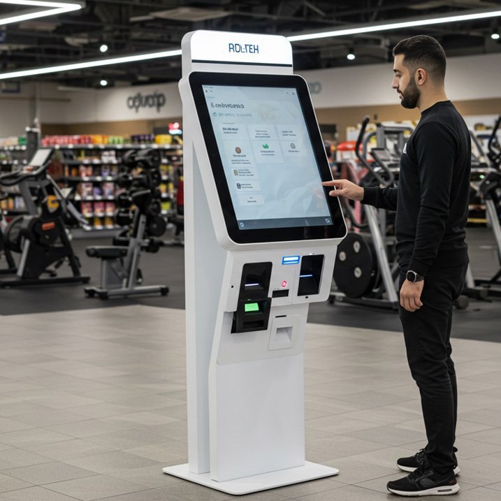 Self-service kiosk at retail checkout counter